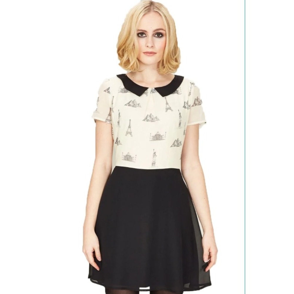Sugarhill Boutique Around the World Travel Print Mini Dress Cream Black Size 8